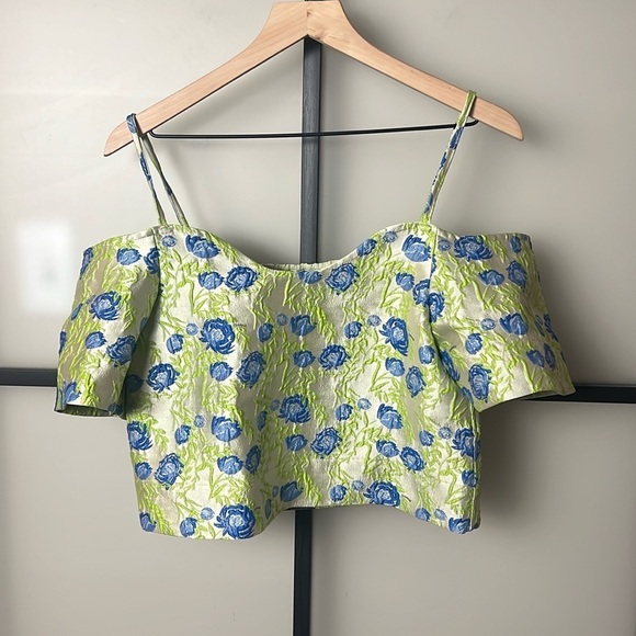 NWT GANNI FLORAL JACQUARD OFF THE SHOULDER IN OYSTER GRAY/ GREEN Size 34 - Picture 2 of 10